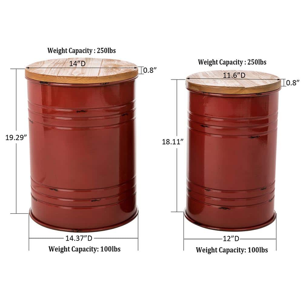 Rustic Red Iron & Pine Wood Storage Accent Table/Stool Set