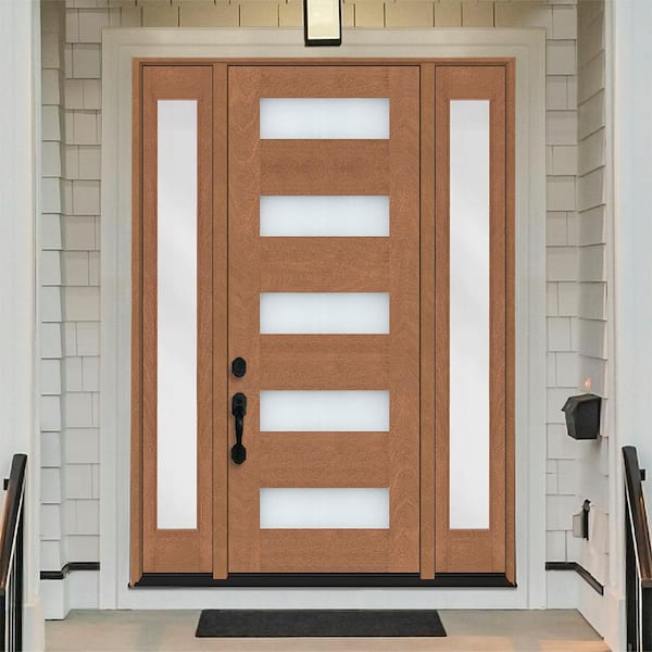 Regency 64 in. x 80 in. 5L Modern Clear Glass LHOS AutumnWheat Stain Mahogany Fiberglass Prehung Front Door w/Dbl12in.SL