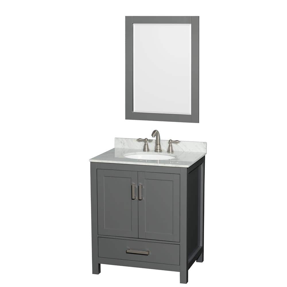 Sheffield 30 in. W x 22 in. D x 35.25 in. H Single Bath Vanity in Dark Gray with White Carrara Marble Top and 24"" Mirror -  Wyndham Collection, 700161169027