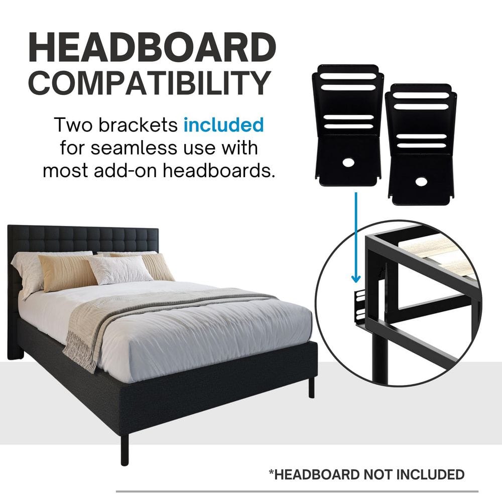 Queen Black Metal Frame with Wooden Slats and Headboard Brackets
