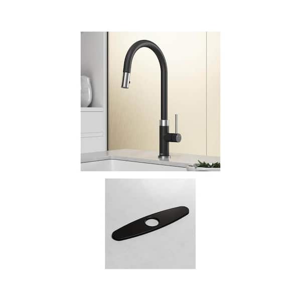 Bristol Single Handle Pull-Down Kitchen Faucet with 10 in. Stainless Steel Deck Plate in Matte Black (2-Piece Set)