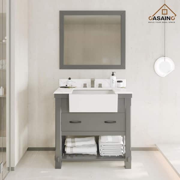 CASAINC 36 in. W x 21 in. D x 35 in. H Freestanding Single Sink Bath Vanity in Gray with Carrara White Quartz Top and Mirror