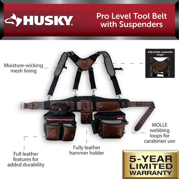 Husky Pro Level Work Tool Belt with Suspenders, Black/Brown