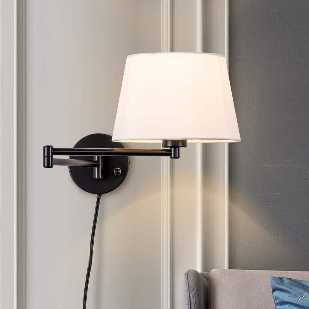 Black Swing Arm Wall Light with White Linen Shade, 2-Pack