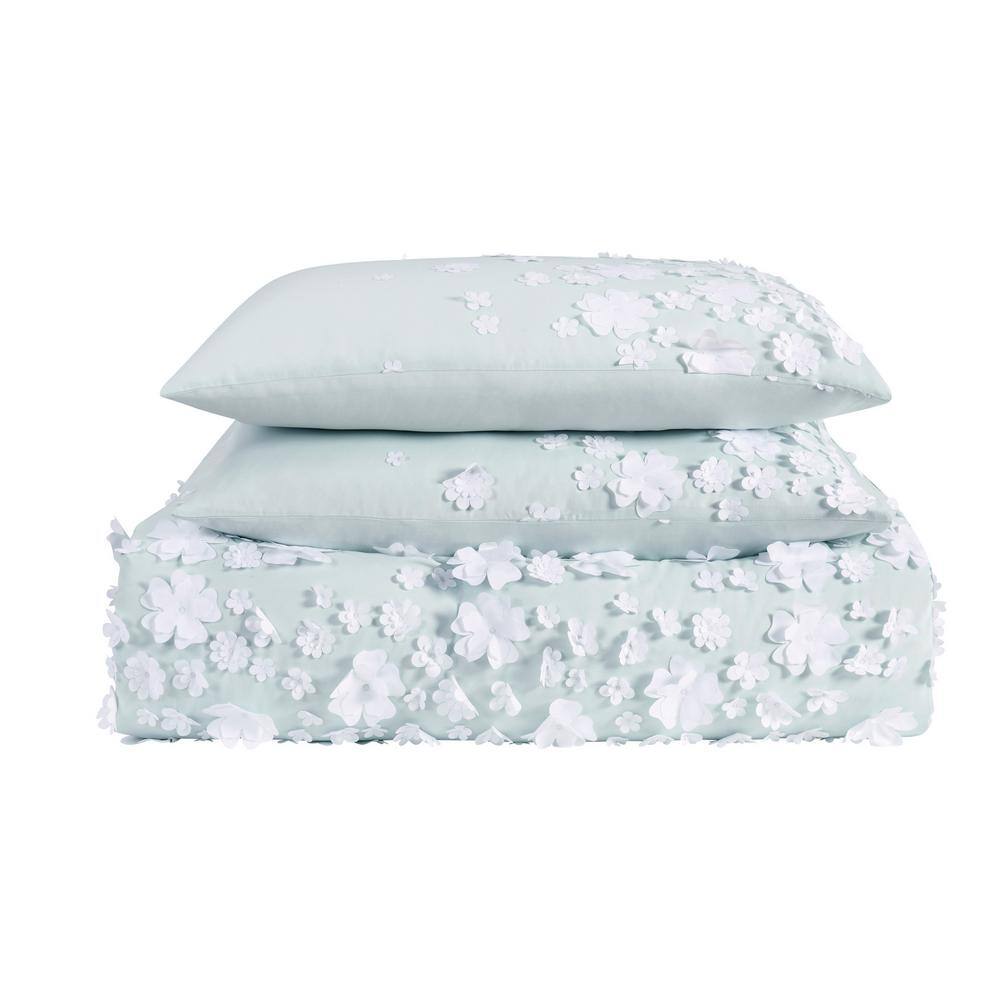 Mint Microfiber Full/Queen Duvet Set with Floral Applique