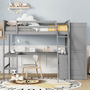 Gray Full Size Wood Loft Bed with Desk, Shelves, Ladder and Wardrobe
