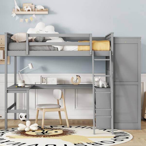 Harper & Bright Designs Gray Full Size Wood Loft Bed With Desk, Shelves ...