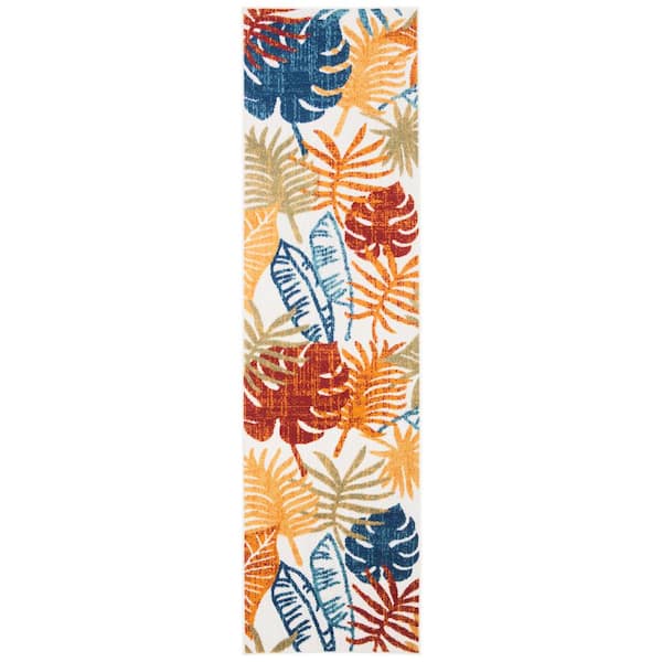 Cabana Cream/Red 2 ft. x 10 ft. Geometric Leaf Indoor/Outdoor Patio  Runner Rug