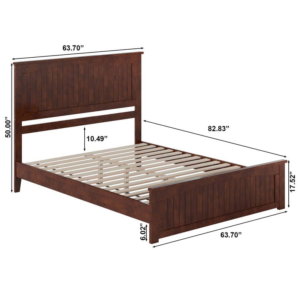 Walnut Queen Solid Wood Low Profile Platform Bed with Headboard and Footboard