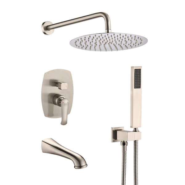 PROOX 2-Handle 3-Spray Wall Mount Tub and Shower Faucet with Handheld Shower Head in Brushed Nickel (Valve Included)