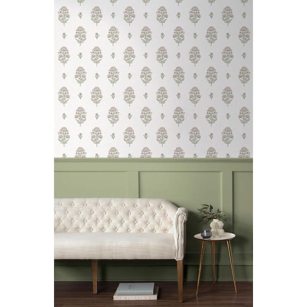 30.75 sq. ft. Blush and Basil Floral Spot Premium Matte Non-Woven Paper Peel and Stick Wallpaper Roll