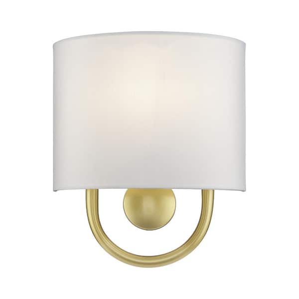 Livex Lighting Stratton 9 in. 1-Light Soft Gold ADA Wall Sconce with Off-White Fabric Shade