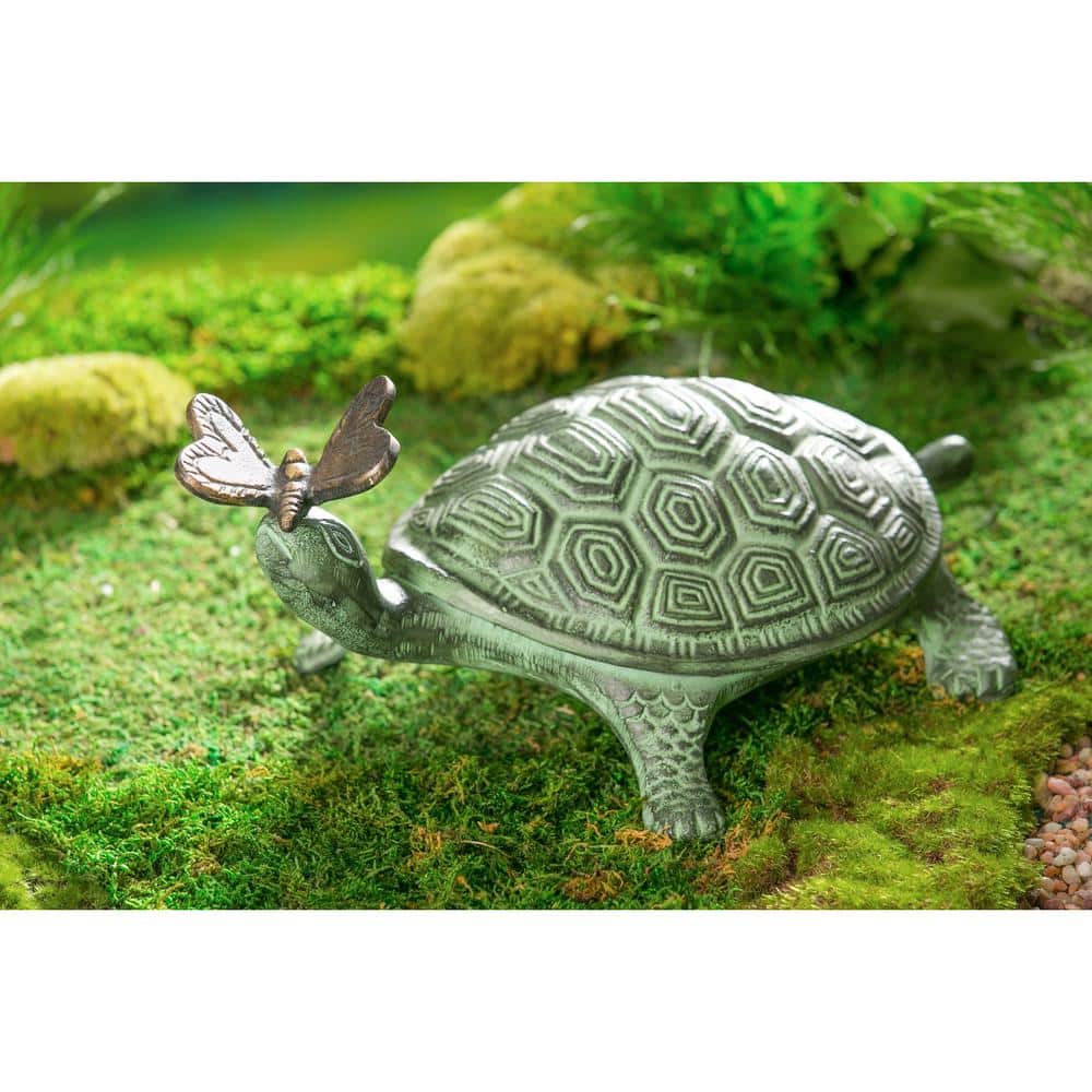 Verdigris Green Metal Turtle Garden Sculpture with Bronze Butterfly