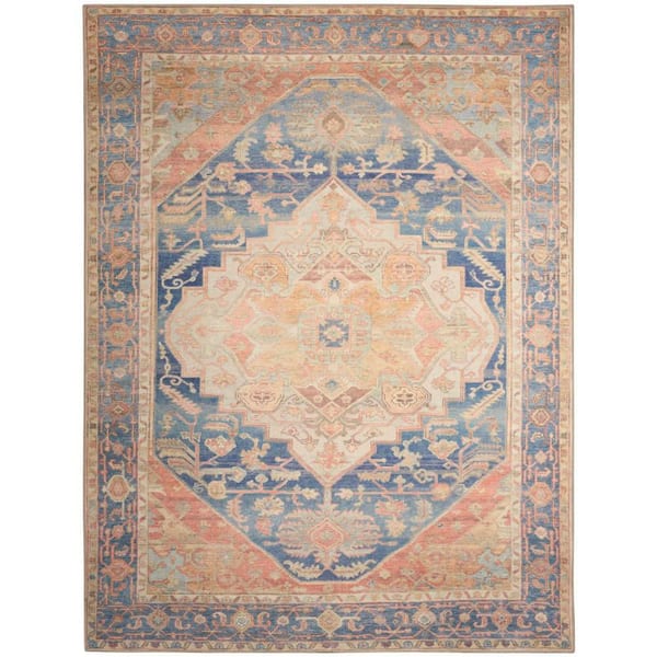 Vintage Washables Blue Coral 9 ft. x 12 ft. Center Medallion Traditional Area Rug