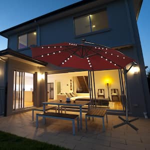 10 ft. Aluminum Offset Cantilever Solar Tilt Patio Umbrella LED Lights 360° Rotation Burgundy