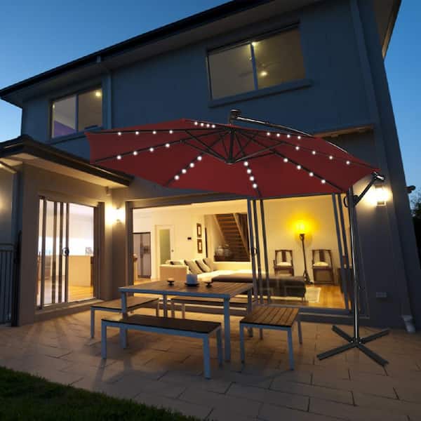 10ft Solar LED Cantilever Offset Patio Umbrella 360° Rotation Aluminum Burgundy 