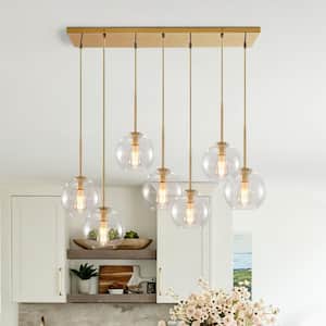 41.7 in. 7-Light Brushed Brass Pendant Chandelier with Clear Glass Globe Shades for Kitchen Island Living Room