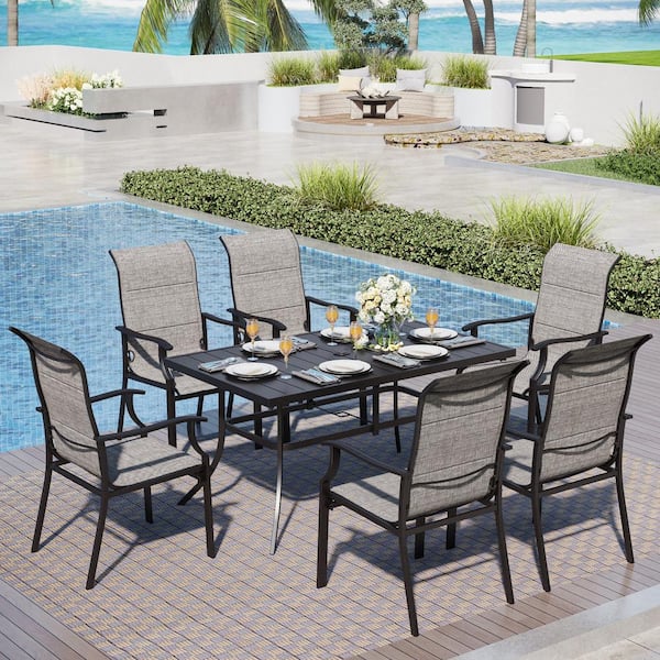 PHI VILLA 7-Piece Metal Patio Outdoor Dining Set with High-Back Padded Textilene Chairs