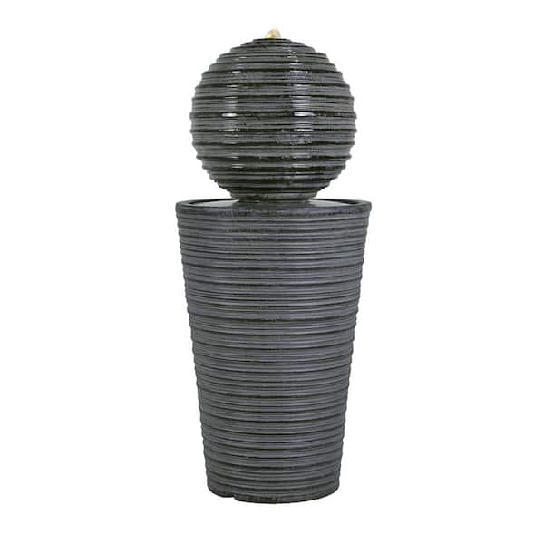 31.5 in. Striped Concrete Column Waterfall Fountain Outdoor Garden Decor with LED Lights, Weather-Resistant, Stone Gray