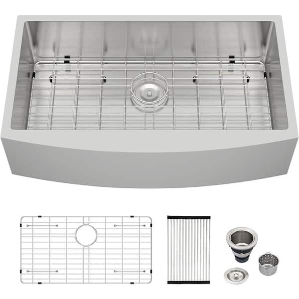 Logmey 33 in. 16-Gauge Farmhouse Apron Front Single Bowl Stainless Steel Kitchen Sink with Bottom Grid and Strainer