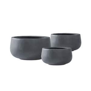 19.6", 15.7", and 11.8"W Round Charcoal Finish Concrete Elegant Planters (Set of 3) Outdoor Indoor with Drainage Hole