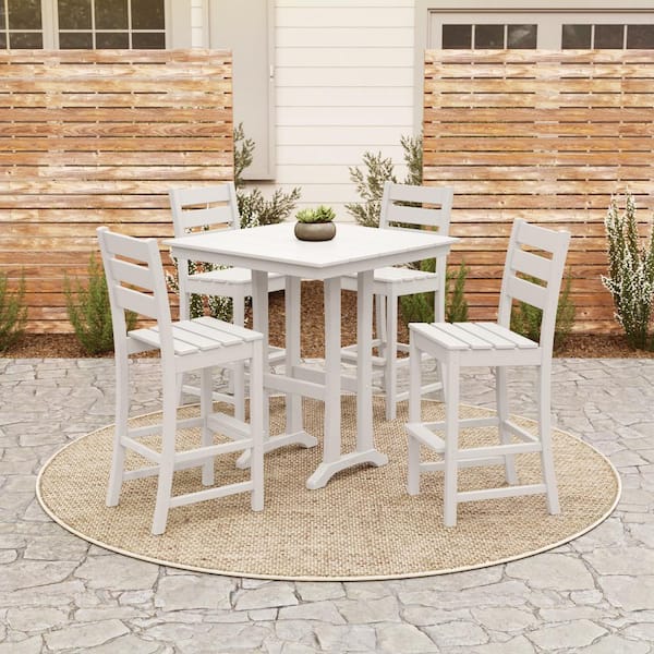 Grant Park White 5-Piece HDPE Plastic Side Chair Farmhouse Trestle Bar Set