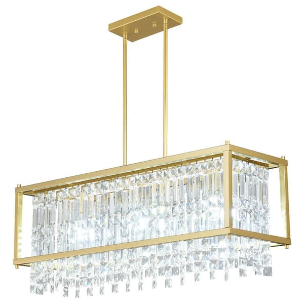 Home Lighting 60-Watt 30.7 in. 3-Light Gold Crystal Rectangle Linear Chandelier for Dining Room and Kitchen Island