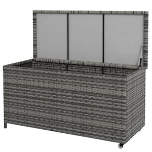 83 Gal. Gray PE Wicker Deck Box, Outdoor Storage Chest on Wheels with Lid for Patio Cushions and Garden Tools