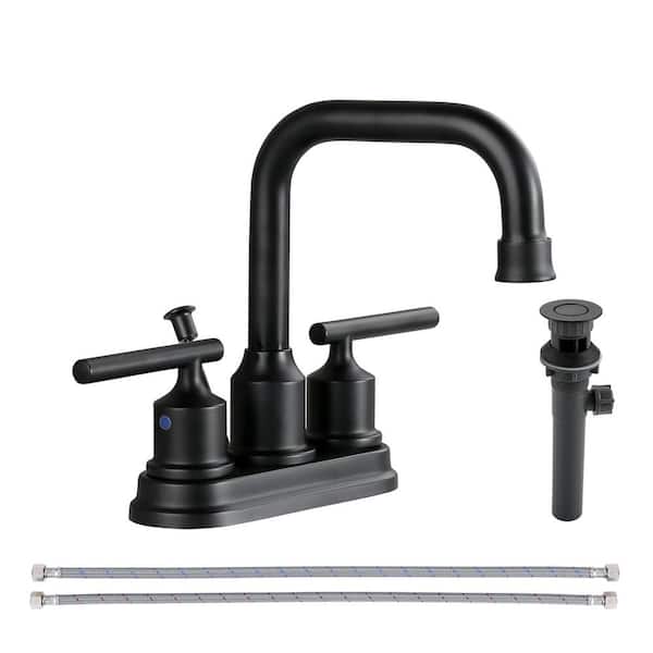 AVITAS 4 in. Centerset Double Handle High Arc Bathroom Faucet with Drain Kit and Supply Lines Included in Matte Black