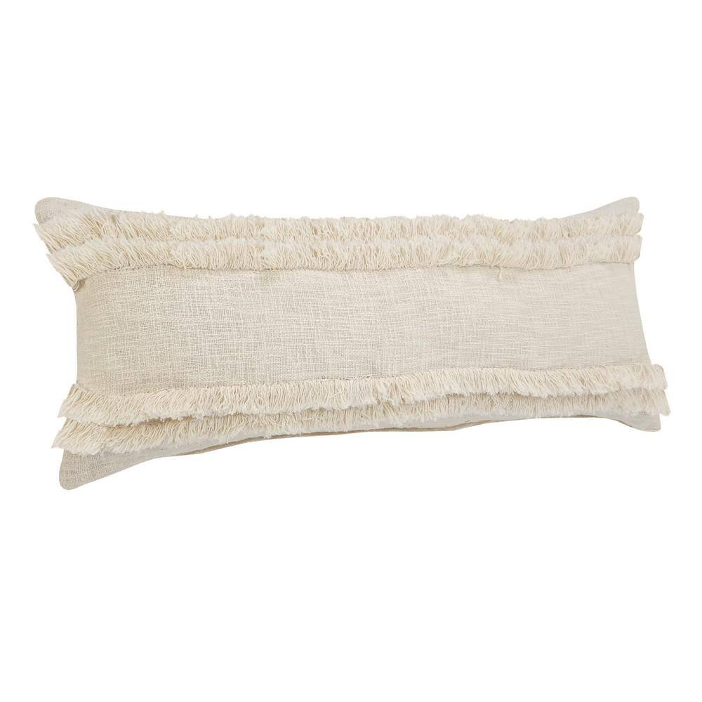 Cream Fringed Rectangular Lumbar Throw Pillow