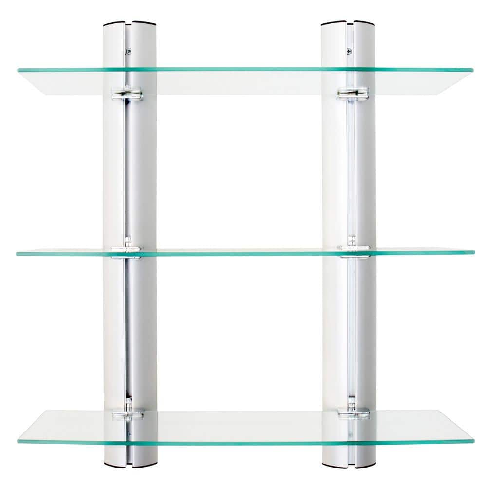 Black Glass and Wood Floating Wall Shelf Unit