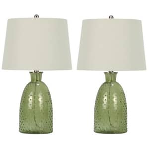Pair of 26.25 in. Green Hobnail Table Lamp with a Designer Cream Drum Linen Shade