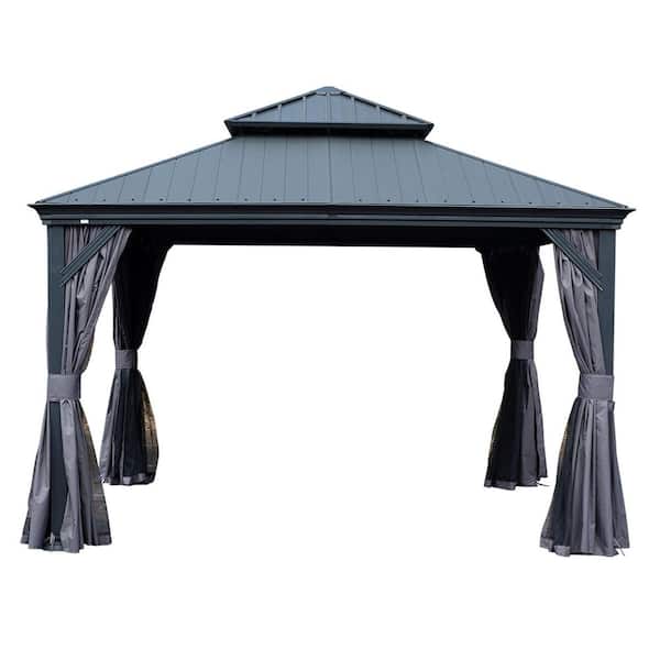 12 ft. x 12 ft. Aluminum Hardtop Gazebo with Double Roof and Curtains