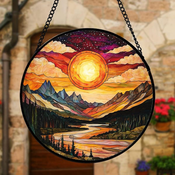Angel Sar 7.8 in. Golden Red Stained Glass Window Hanging, Dusk