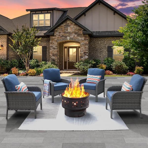 weaxty W Hyacinth Gray 5-Piece Wicker Patio Wood Burning Fire Pit Conversation Seating Set with Denim Blue Cushions