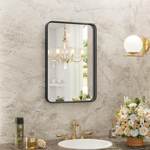 FIRNEWST Modern 30 in. W x 22 in. H Rectangle Black Framed Bathroom Vanity Mirror Wall Mirror with Rounded Corners