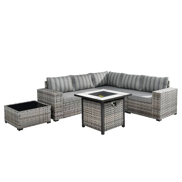 Lanora Gray 7-Piece PE Rattan Wicker Outdoor Patio Conversation Set with Dark Gray Stripe Cushion&Square Fire Pit Table