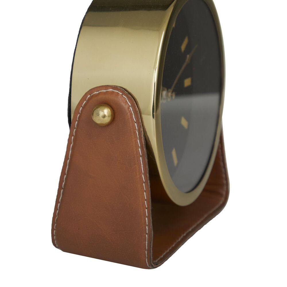 Gold Stainless Steel Round Desk Clock with Leather Stand