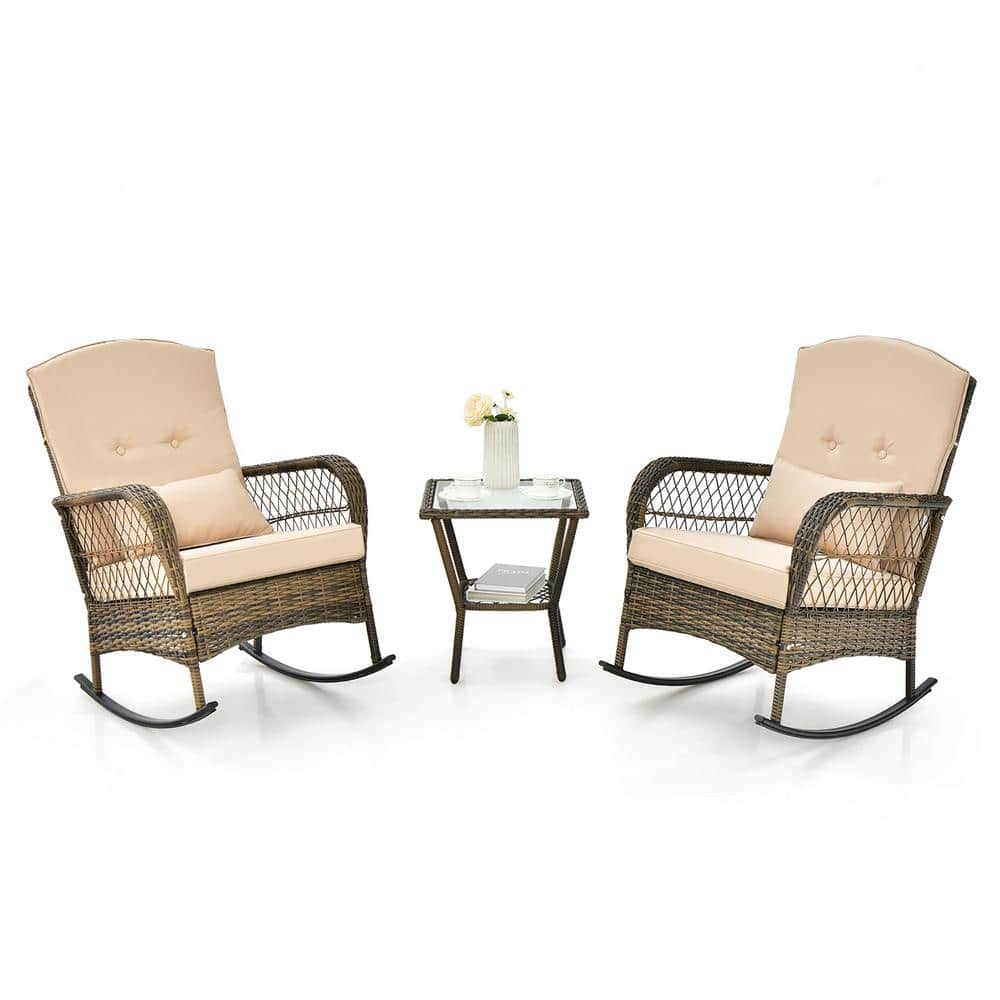 Costway 3-Piece Rocking Wicker Outdoor Bistro Rocker Chairs Tempered ...