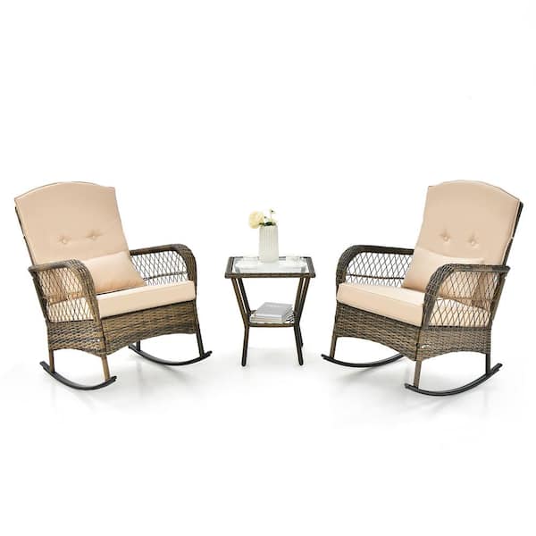 Costway 3-Piece Rocking Wicker Outdoor Bistro Rocker Chairs Tempered Glass Side Table with Beige Cushions (Set of 2)