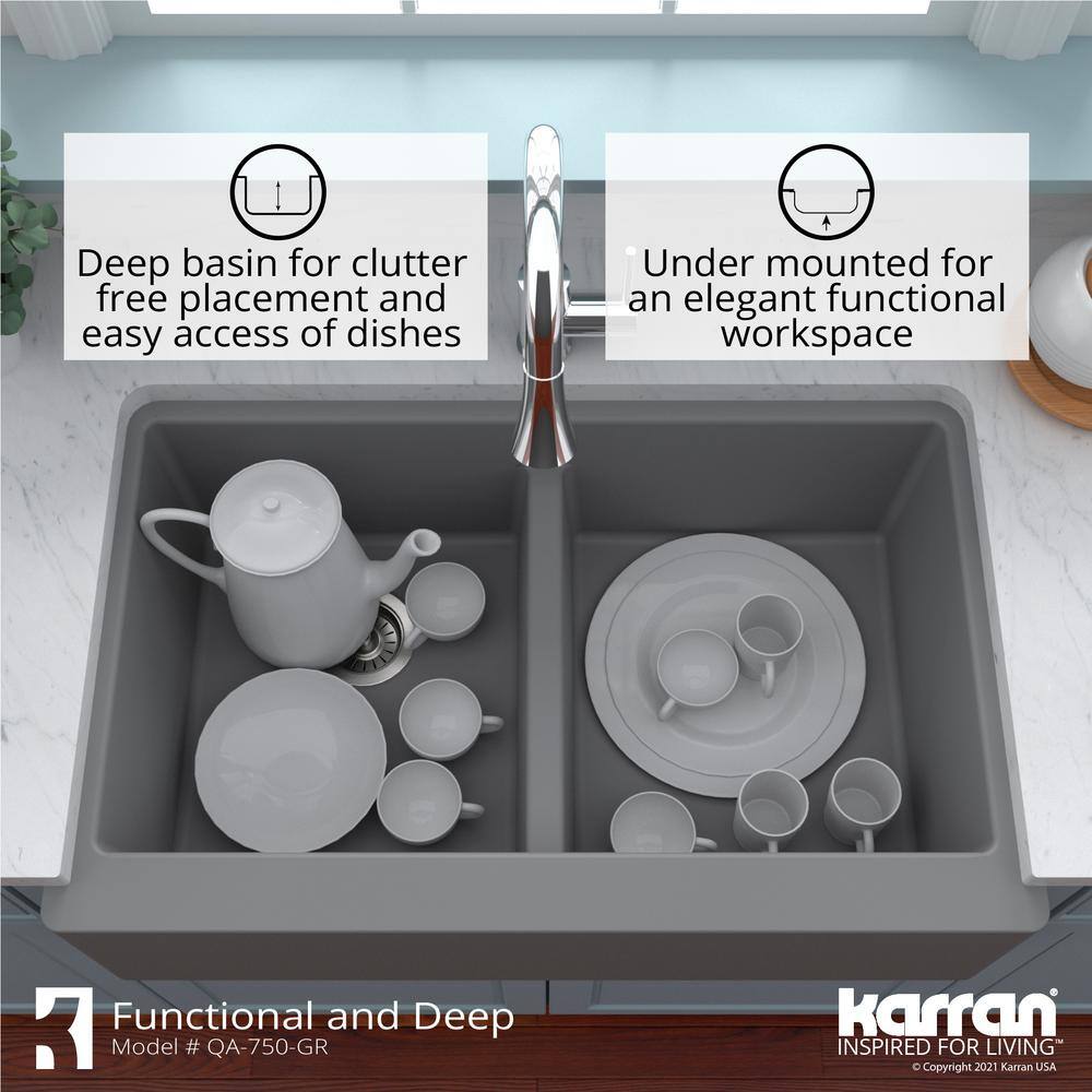 Gray Quartz Farmhouse Double Bowl Kitchen Sink, 34"