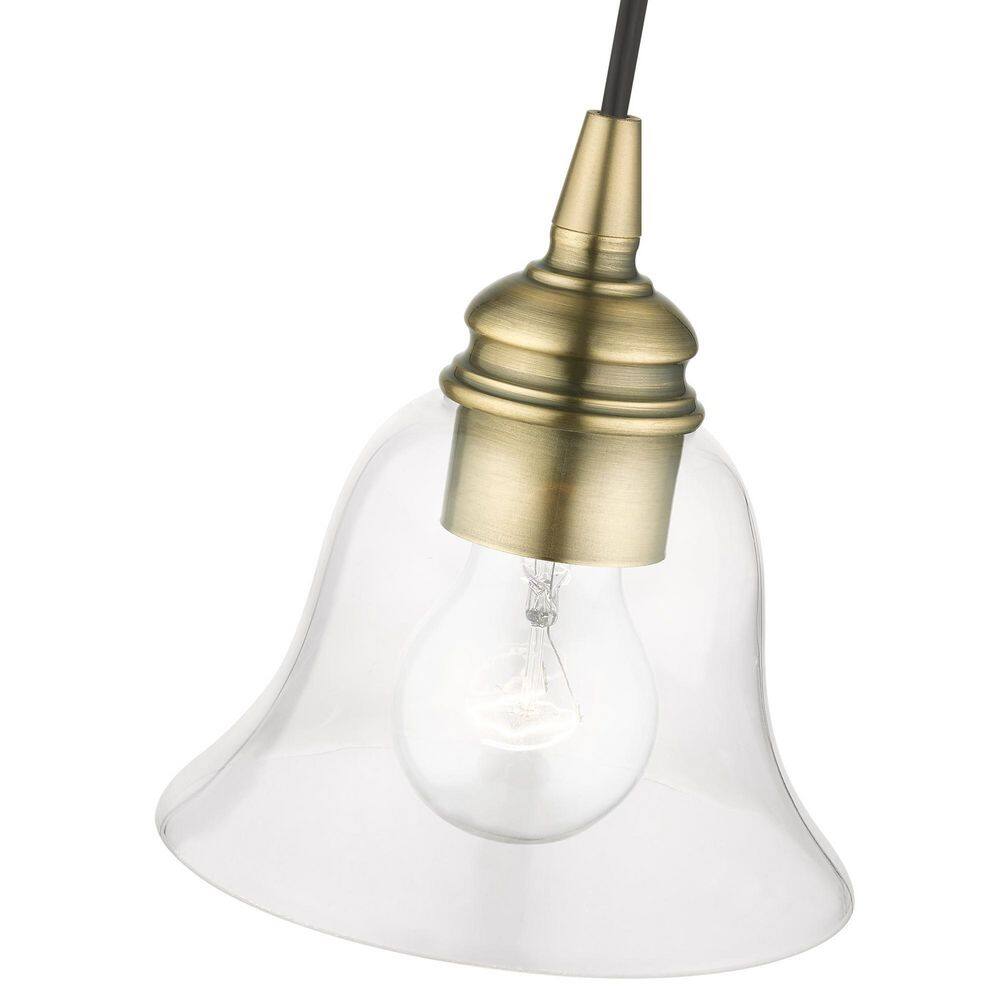 Transitional Hand-Blown Clear Glass Pendant in Antique Brass