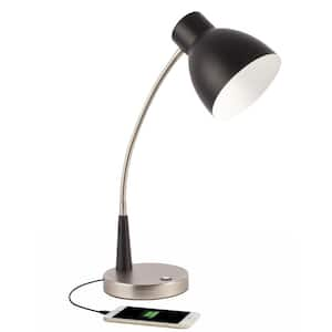 Charlie 22 in. Silver Integrated LED No Design Interior Lighting Table Lamp for Living Room w/Black Metal Shade