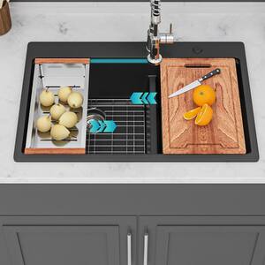 33 in. Drop-In Double Bowl(60/40) Black Quartz Kitchen Sink with Workstation