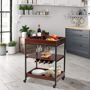 3-Tiers Brown Kitchen Island Serving Bar Cart with Glasses Holder and Wine Rack