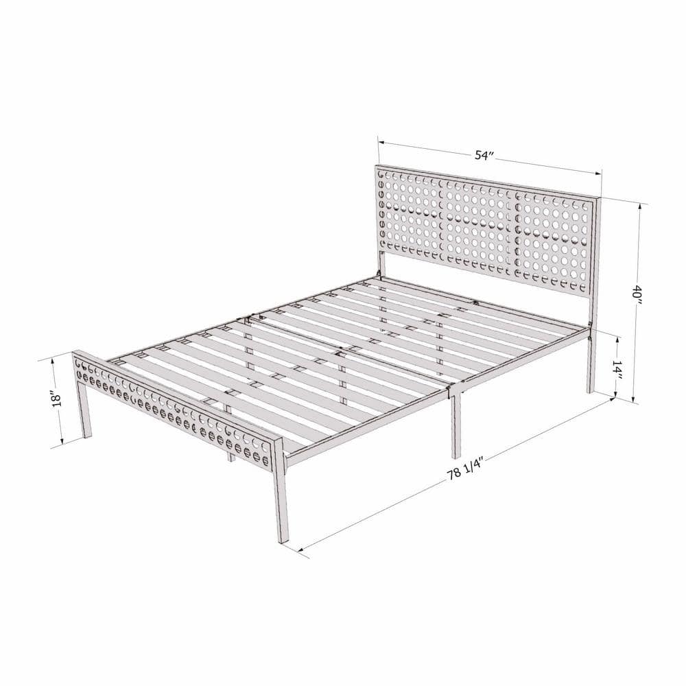 Full Black Metal Platform Bed with Natural Cane Headboard