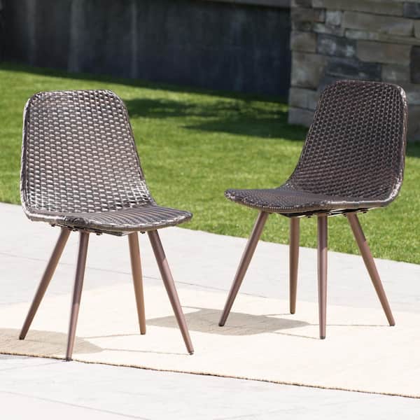 Noble House Malia Dark Brown Stationary Faux Rattan Outdoor Patio Dining Chair in Multi-Brown (2-Pack)
