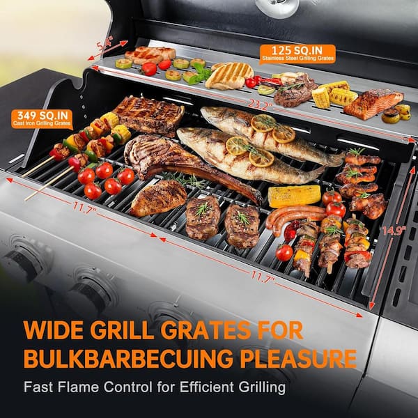 4-Burner Propane Gas Grill in Stainless Steel with Side Burner, Condiment Rack, and Built-in Thermometer for Outdoor BBQ