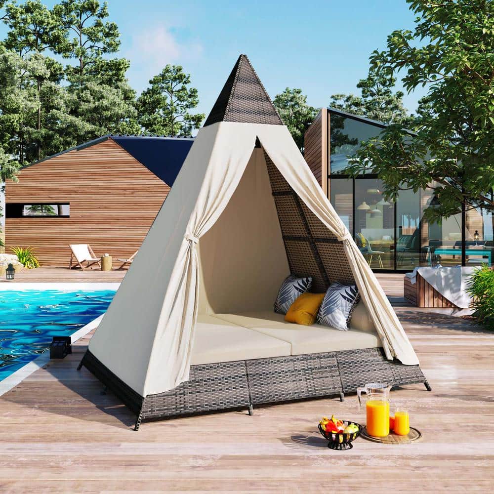 90.5 in. Outdoor Chaise Lounges Wicker Sunbed with Tent Outdoor Tent Shape 