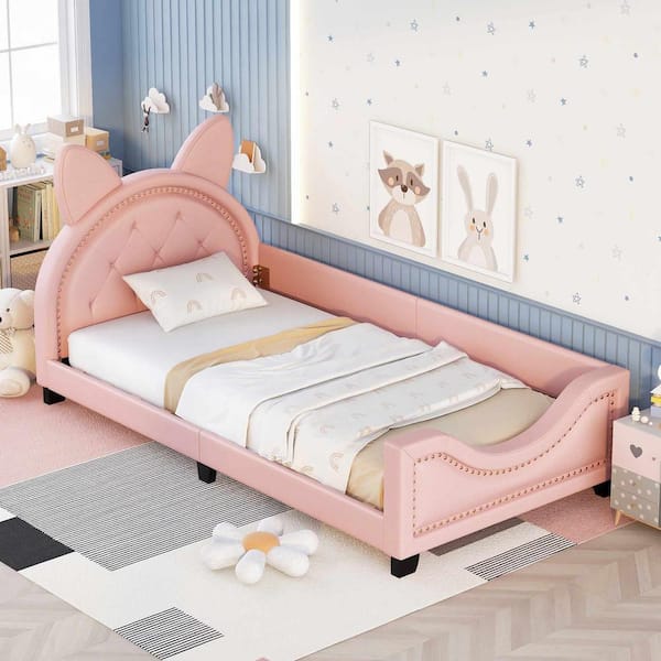 Polibi Pink Twin Size Upholstered Daybed with Carton Ears Shaped Headboard